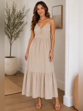 LINEN Blend Shirred Spaghetti Strap Midi Dress - Adjustable Fit by Ardene New!